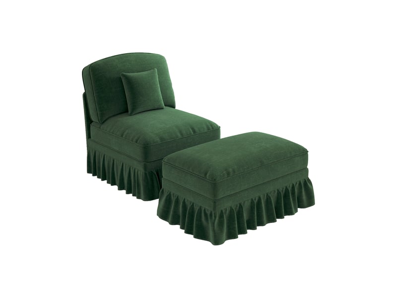  Fauteuil avec pouf dossier segmenté et jupe à volants amovible  - coussin mobile chenille vert  - Conforama A