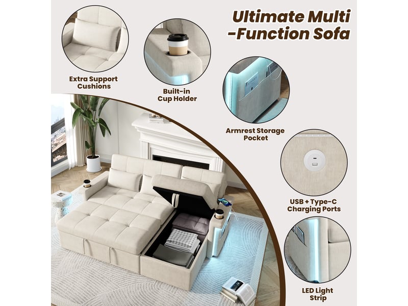  Canapé d'angle convertible 3 places 209x141,5 cm avec rangement, led, usb, dossier réglable et porte-gobelets - beige OPULERANE TRADING LTD - Conforama D