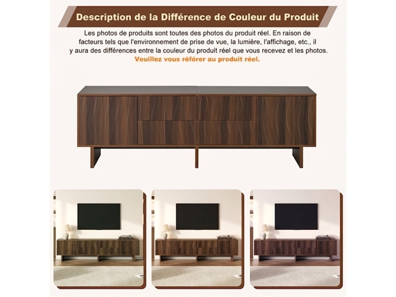 Meuble tv 180 cm noyer foncé design ondulé 4 tiroirs 2 portes pour écran 75 pouces  - Conforama E