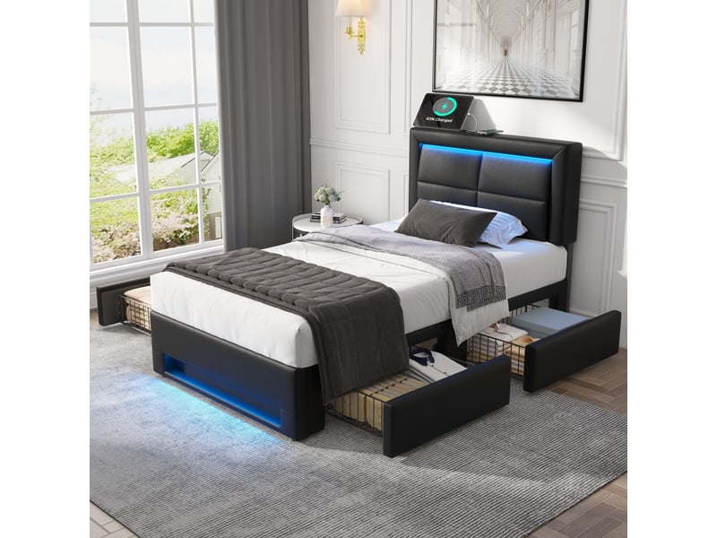 Lit enfant 90x200cm avec 4 tiroirs, ports usb de chargement, lumières led, design moderne, pu, noir, sans matelas - Conforama B
