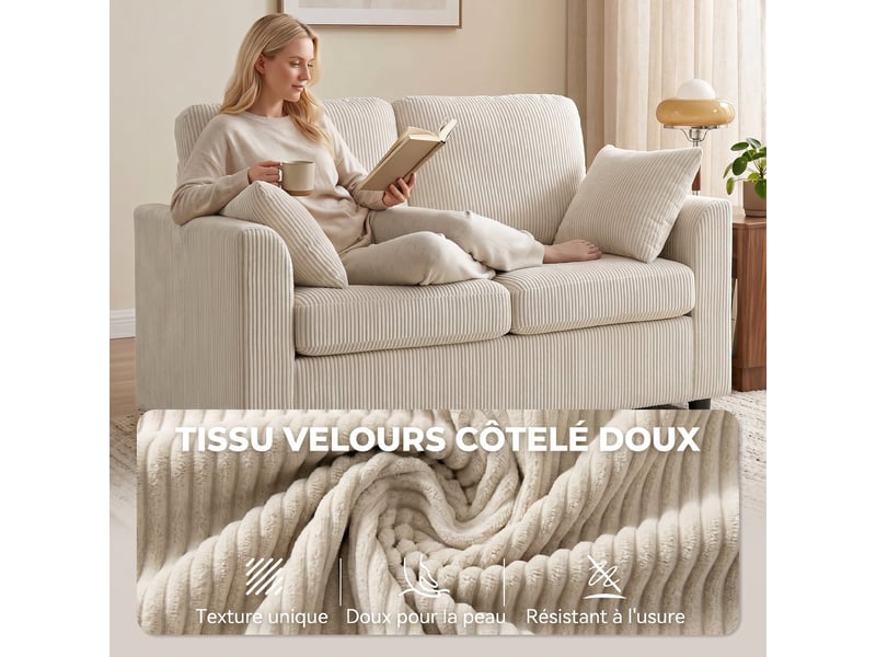 Canapé 2 places en velours côtelé, canapé de salon 144 cm avec assise large rembourrée, beige, 2 oreillers - Conforama E