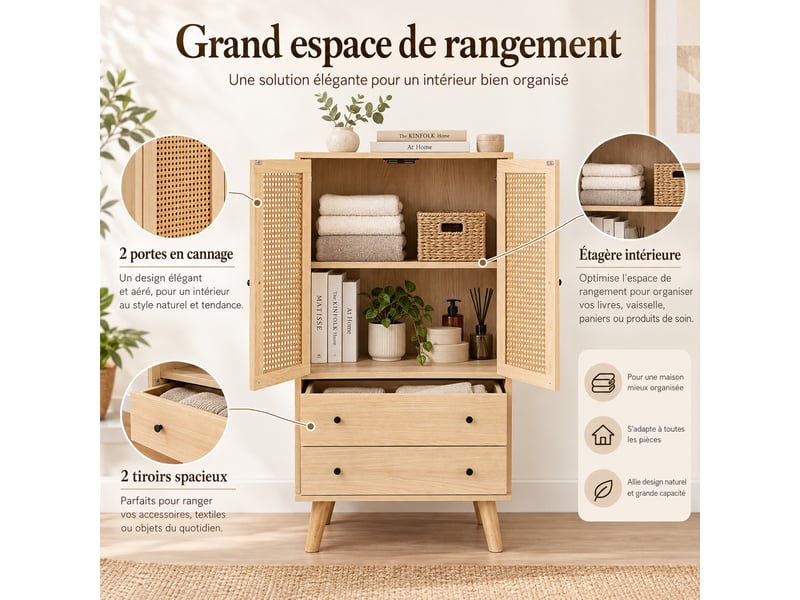  Buffet haut 60 x 40 x 120 cm, 2 portes et 2 tiroirs, rangement compact pour salon et salle à manger, aspect chêne  - Conforama E