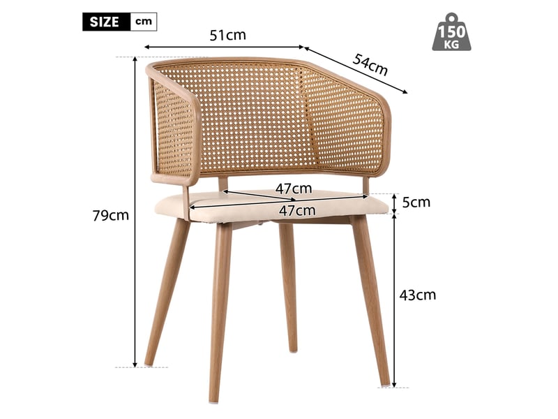  Ensemble table et 6 chaises de salle à manger, table 200x90 cm, chaises dossier rotin et coussins simili-cuir pu, style moderne  - Conforama W