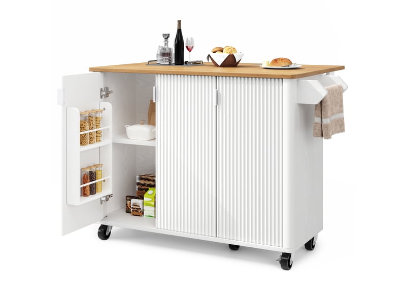 Îlot de cuisine mobile avec plateau pliant, desserte sur roulettes avec 3 portes et étagères réglables, meuble de rangement blanc 130cm - Conforama A
