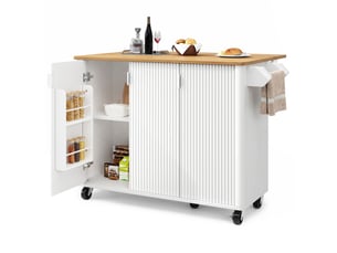 Îlot de cuisine mobile avec plateau pliant, desserte sur roulettes avec 3 portes et étagères réglables, meuble de rangement blanc 130cm