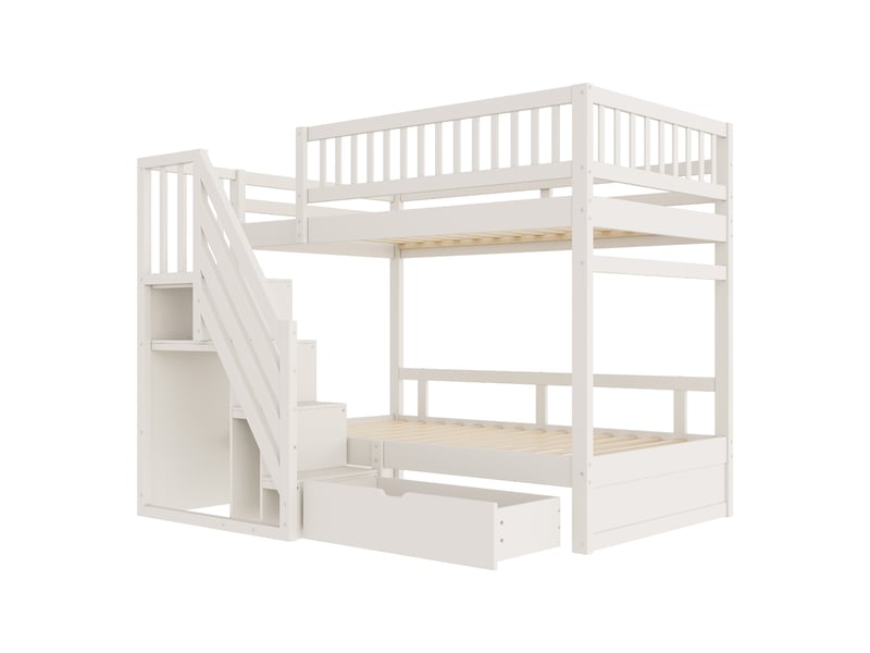  Lit superposé 90 x 200 cm, couchages superposés, escalier, tiroirs de rangement, sommier à lattes, pour la chambre, bois massif, blanc ABC - Conforama A