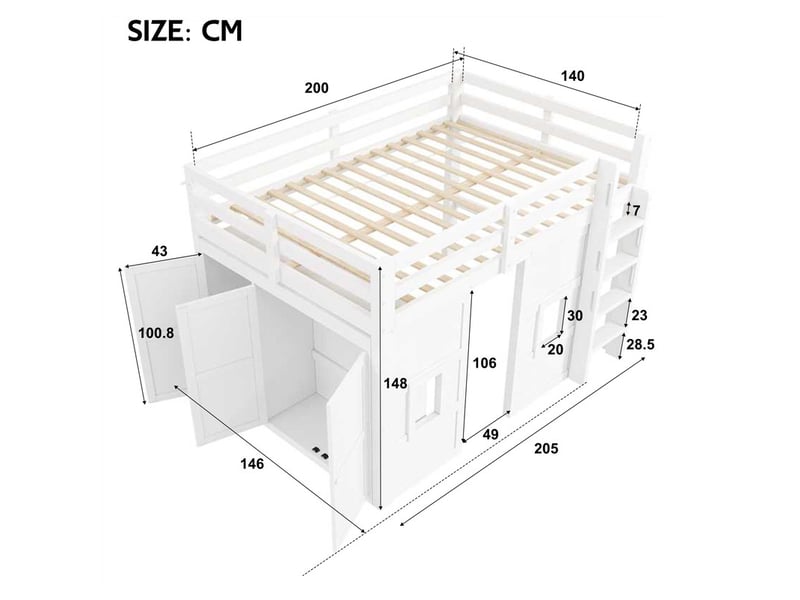 Lit mezzanine en bois, 140 x 200 cm, avec armoire intégrée, 2 fenêtres et éclairage led, blanc N879P000209K-1 - Conforama C