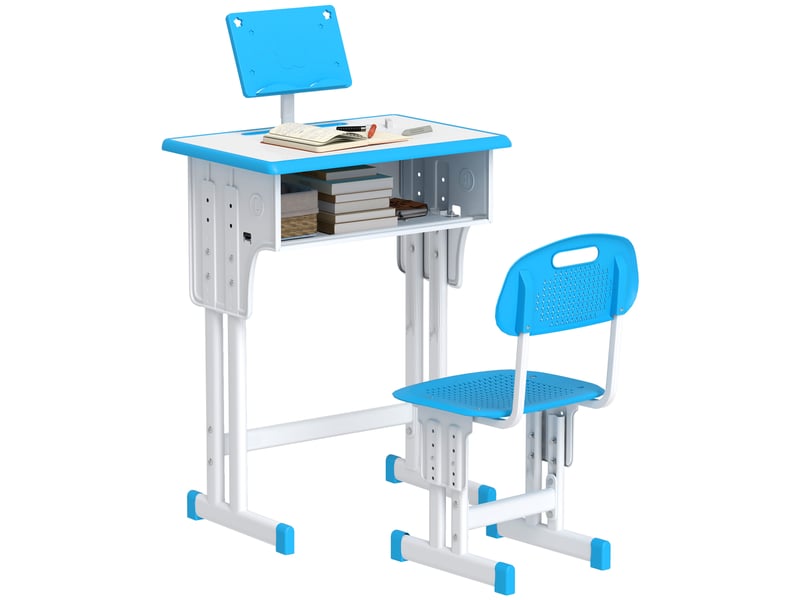  Bureau et chaise pour enfant avec support de lecture casier crochet et porte stylo 60 x 45x 90-102 cm bleu  - Conforama A