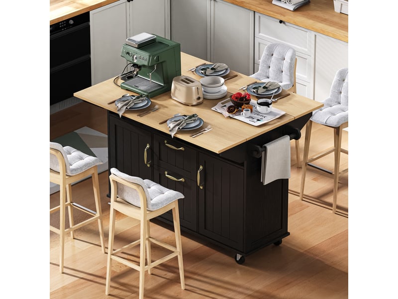  Îlot de cuisine mobile 120 x 40-80 x 92 cm, plateau rabattable, prises, usb-c, rangements, noir et bois Jamama eleni - Conforama E