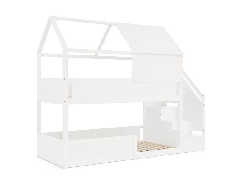  Lit superposé enfant 80 x 200 cm en bois, escalier, barrières et toit blanc  - Conforama A