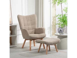 Fauteuil à oreilles et son repose-pieds piètement bois velours côtelé dossier effet capitonné marron clair