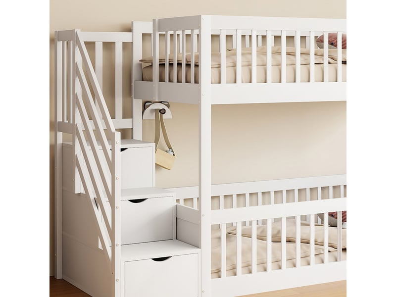  Lit mezzanine,90x200 cm,avec échelle,tiroirs,porte,bois massif,blanc  - Conforama E