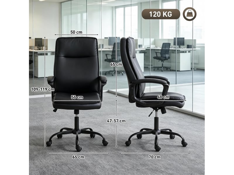  Chaise de bureau noire en pu, hauteur réglable, fonction basculante à 15 degrés, dossier haut  - Conforama C