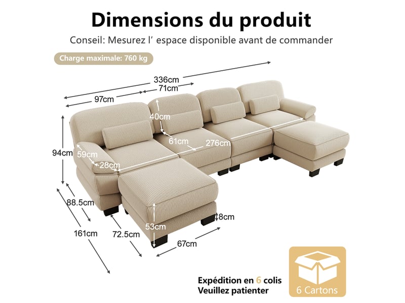  Canapé modulable en u 4 places 336x161x94 cm, soutien ergonomique, assise profonde, 2 poufs, en velours côtelé, beige  - Conforama C