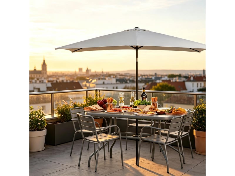  Table de jardin ulevr rectangulaire 8 places avec trou pour parasol, 120 x 80 x 70 cm, métal et verre trempé, gris  - Conforama E
