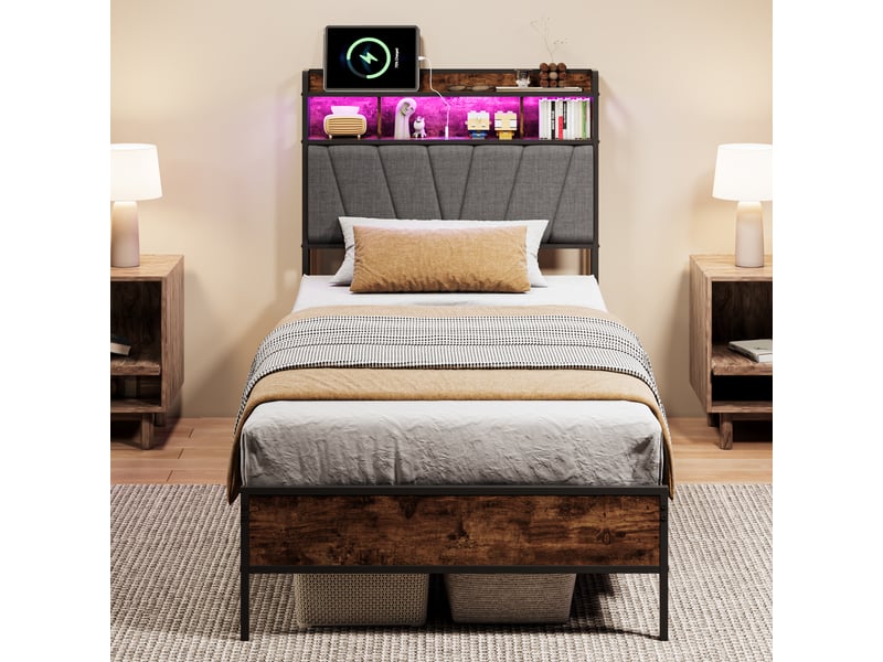  Lit simple 90 x 200 cm avec éclairage led, port usb et tête de lit, gris  - Conforama D