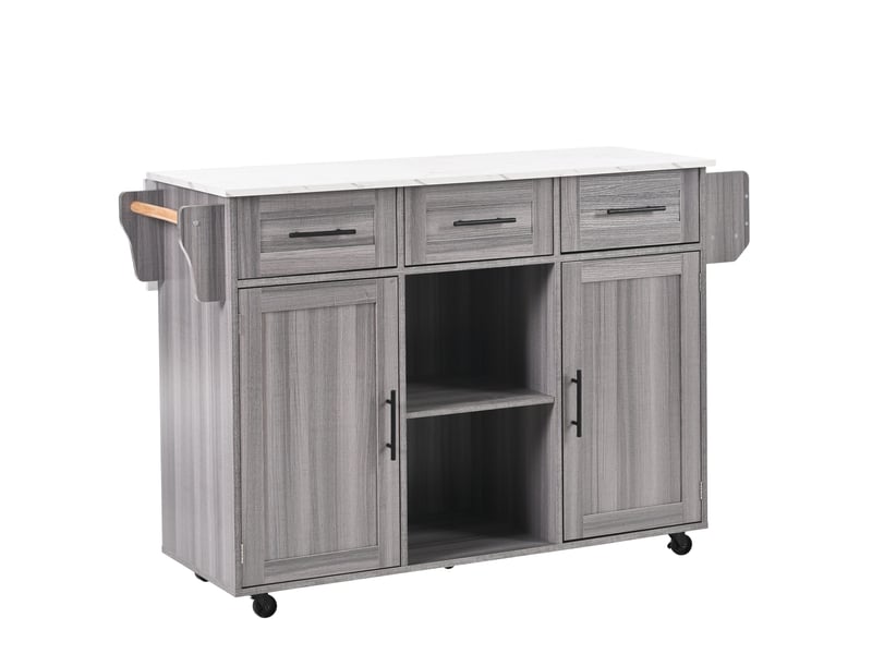 Îlot de cuisine sur roulettes avec plateau rabattable, gris et effet marbre blanc - Conforama A