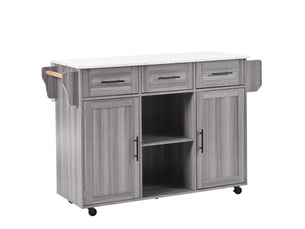 Îlot de cuisine sur roulettes avec plateau rabattable, gris et effet marbre blanc