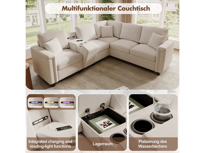  Canapé d'angle tcqpz 5 places 235 x 208 x 83 cm avec rangement, porte-gobelets, usb type-c et liseuse en chenille beige  - Conforama E