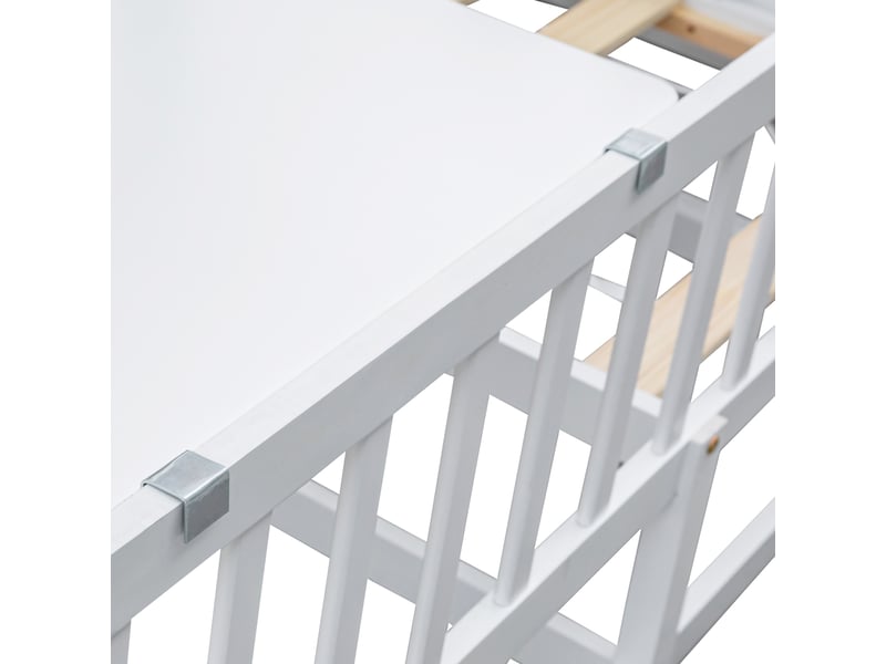  Lit superposé 90x200+120x200cm, lit enfant avec canapé, table, étagères, escalier et sommiers, lit convertible, pin blanc  - Conforama R