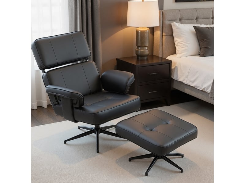  Fauteuil relax avec repose-pieds, appui-tête réglable et base métallique en cuir synthétique noir  - Conforama B