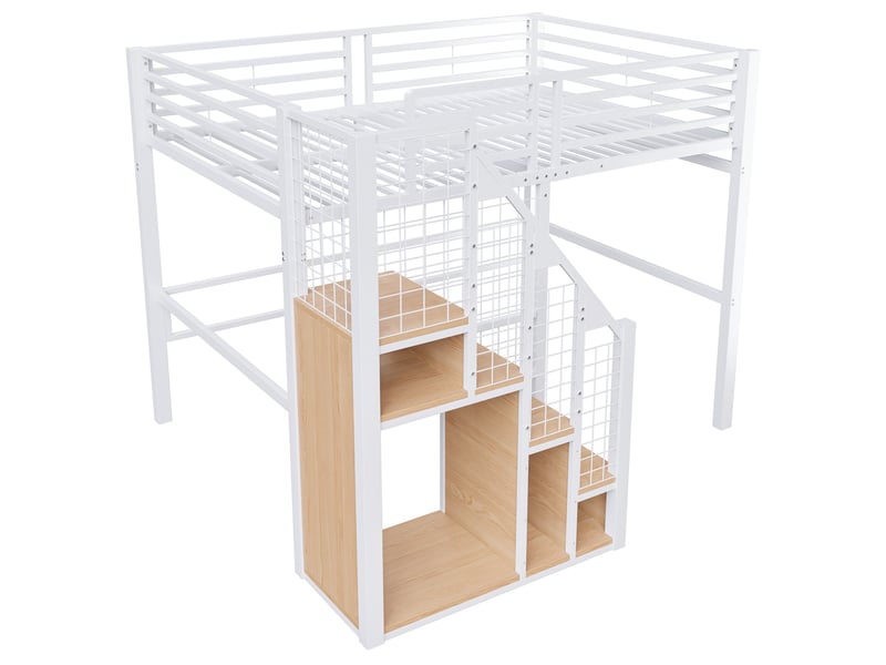  Lit mezzanine 140x200 avec échelle de sécurité, lit enfant en métal blanc avec espace de rangement, idéal pour adolescent  - Conforama D