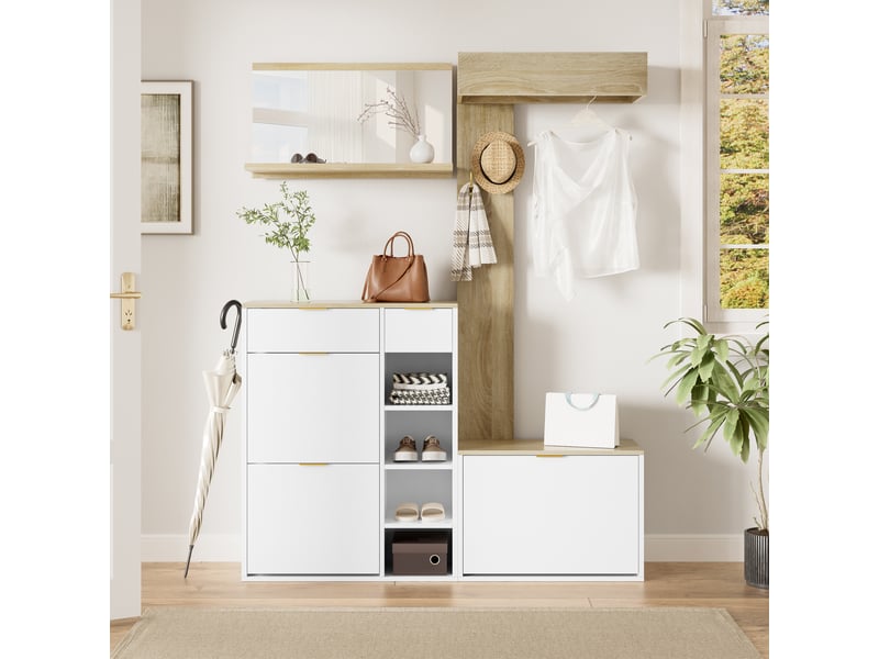  Meubles d'entrée avec meuble à chaussures, banc, miroir et panneau à crochets pour couloir en aggloméré 130×30×174 cm  - Conforama B