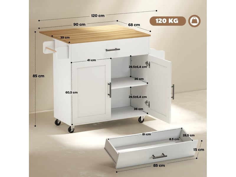 Desserte de cuisine sur roulettes avec plateau rabattable, 2 portes 1 tiroirs, 120x68x85 cm blanche - Conforama C