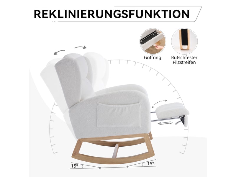  Fauteuil à bascule  70x96-122,5x104 cm, repose-pieds escamotable, dossier haut, tissu teddy et bois, blanc  - Conforama E