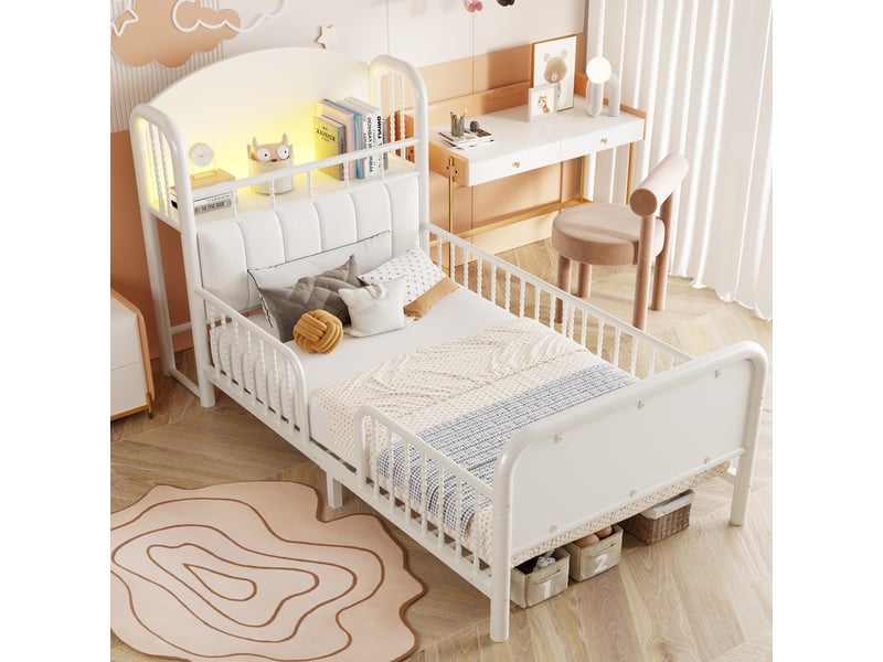  Lit simple 90x200 cm - lit enfant avec barrière de sécurité - tête de lit rembourrée avec rangement et led - blanc  - Conforama B