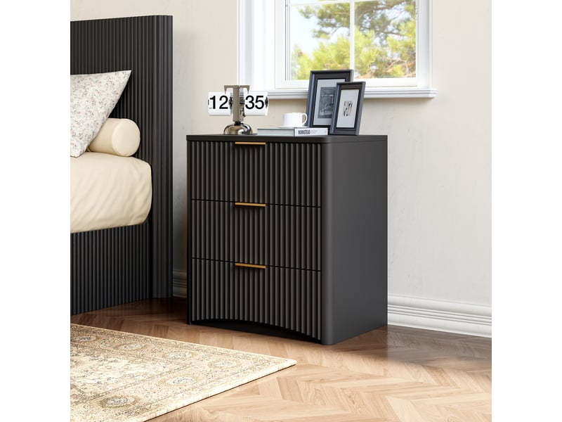  Table de chevet 3 tiroirs à fermeture douce avec poignées dorées pour chambre en mdf 58×38×64 cm noir  - Conforama C