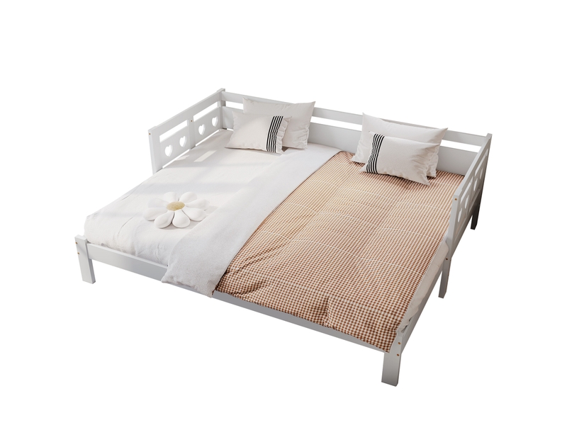  Lit gigogne 90 × 190 cm 2 places avec 2e couchage et design coeur, sans matelas, en bois, blanc  - Conforama E