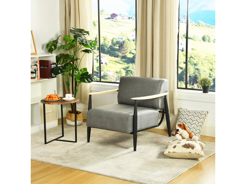  Fauteuil de salon à ressorts avec ensachés assise épaisse, accoudoirs en bois, structure en acier, gris  - Conforama B
