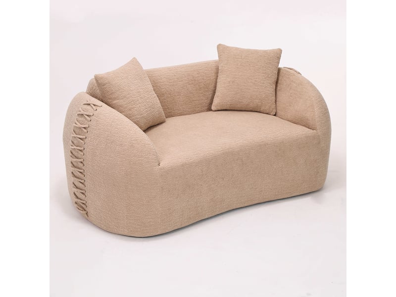  Canapé compressé 2 places 155x90x67 cm sans montage, sans structure, accoudoirs avec lacets, 2 coussins, mousse, tissu chenille crème abricot  - Conforama A