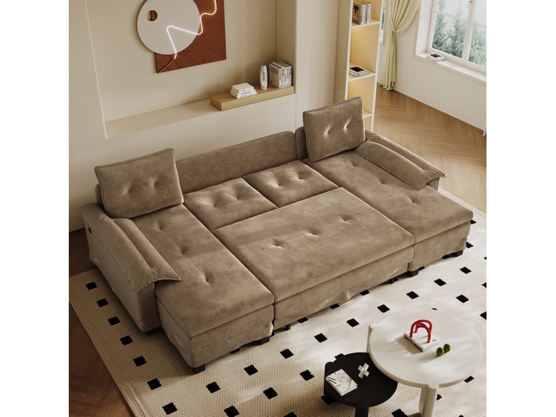 Canapé-lit modulable en u 278x127x87 cm 4 places avec usb en bois couleur camel, design moderne, design moderne - Conforama E