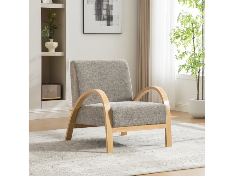  Fauteuil lounge scandinave en chenille gris avec structure en bois  - Conforama D