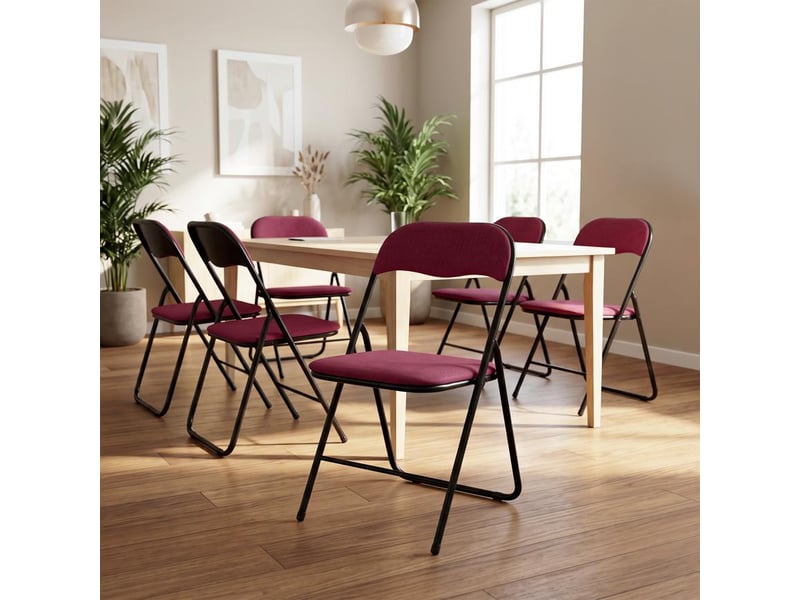  Lot de 6 chaises pliantes rembourrées en tissu bordeaux et pieds métal noir - greta GRETA - Conforama B