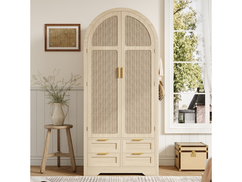  Armoire-penderie 80x50x180cm avec portes incurvées, tringle, tiroirs et grand espace de rangement, design moderne et élégant, effet chêne evarich - Conforama B