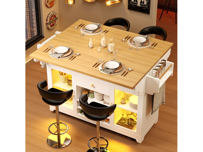  Desserte de cuisine à roulettes avec 2 portes, tiroir, led rgb et plateaux rabattables en mdf blanc 143 × 80 × 95 cm  - Conforama B