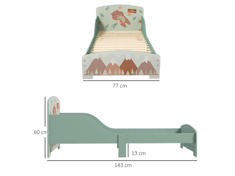  Lit pour enfant 3-6 ans avec barrières de sécurité et motifs sommier à lattes inclus - vert dim. 77 x 143 x 60 cm  - Conforama C