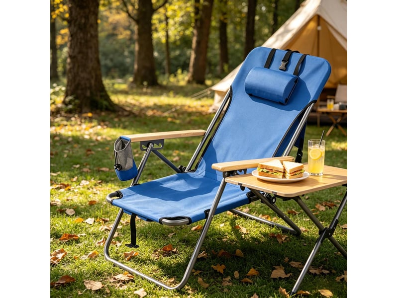  Fauteuil de jardin pliant bleu en tissu oxford, dossier réglable sur 4 positions et appuie-tête, supporte 150 kg  - Conforama B
