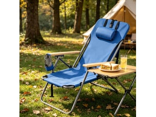 Fauteuil de jardin pliant bleu en tissu oxford, dossier réglable sur 4 positions et appuie-tête, supporte 150 kg