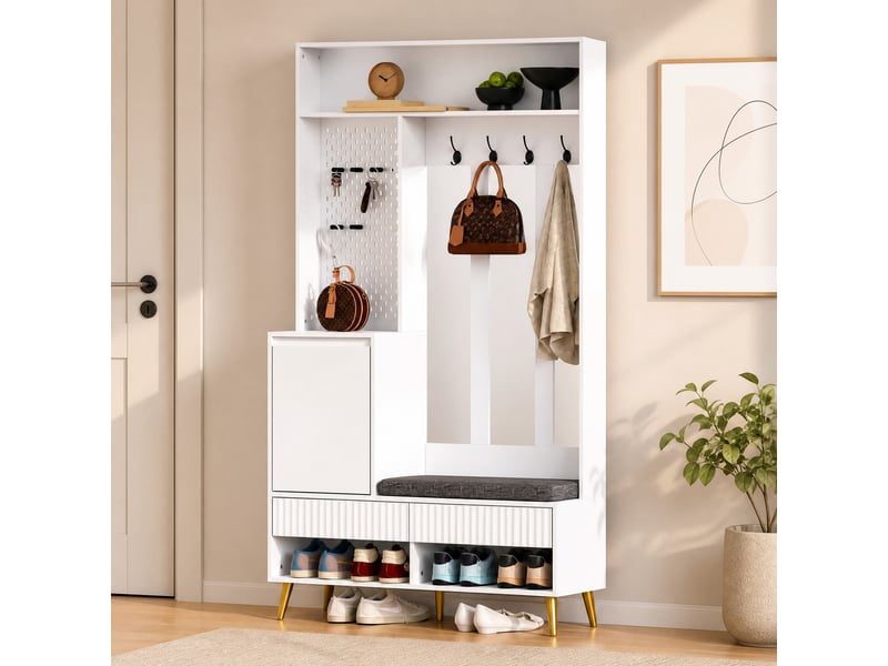  Meubles d'entrée 6 en 1 avec 1 porte, 2 tiroirs, 4 patères et banc pour couloir en mdf blanc 100 × 35 × 180 cm  - Conforama C