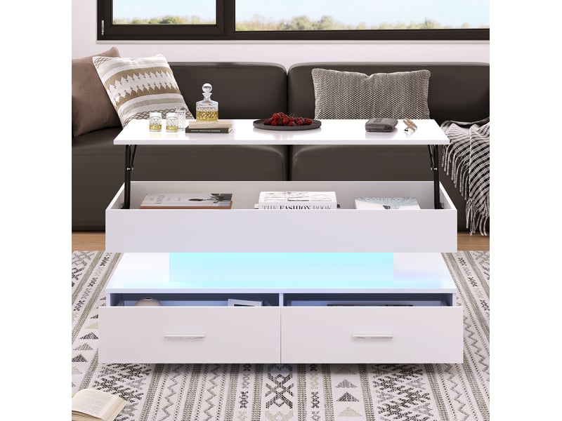 Table basse relevable hydraulique 100x50x44 cm avec led et 2 tiroirs, blanche  - Conforama B