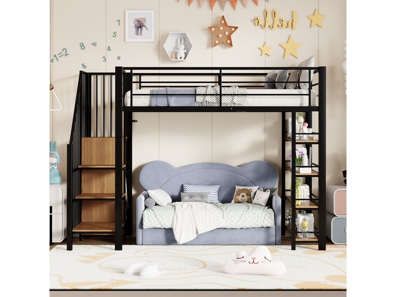  Lit mezzanine 90*200 en métal noir avec échelle sécurisée, rangements et penderie  - Conforama C