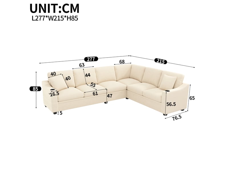  Canapé d'angle modulaire 6 places avec prises usb et type-c, porte-gobelets et coussins en velours côtelé beige  - Conforama C