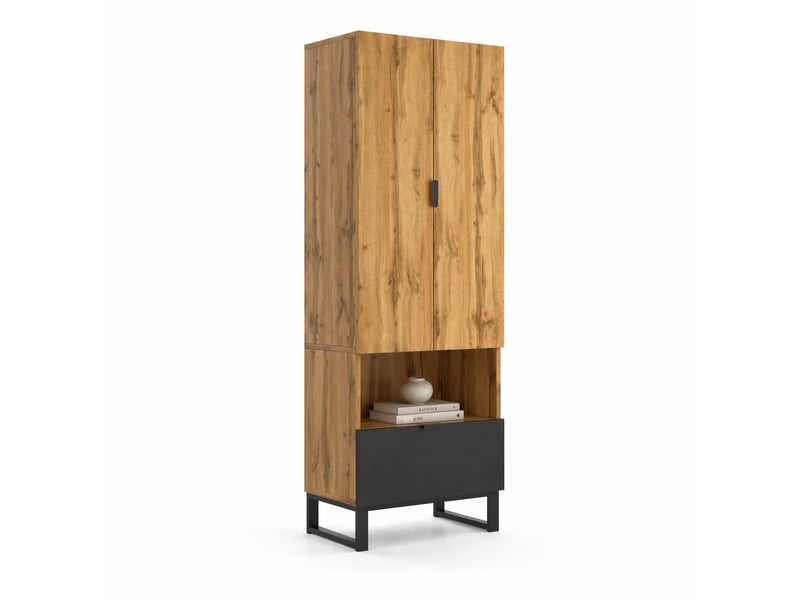  Armoire d'entrée avec 1 tiroir, 3 étagères, niche ouverte et tringle, en bois naturel et noir  - Conforama A