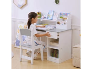 Bureau enfant avec chaise ergonomique avec clavier coulissant tiroir niches et étagères ouvertes 90 x 45 x 90 cm gris