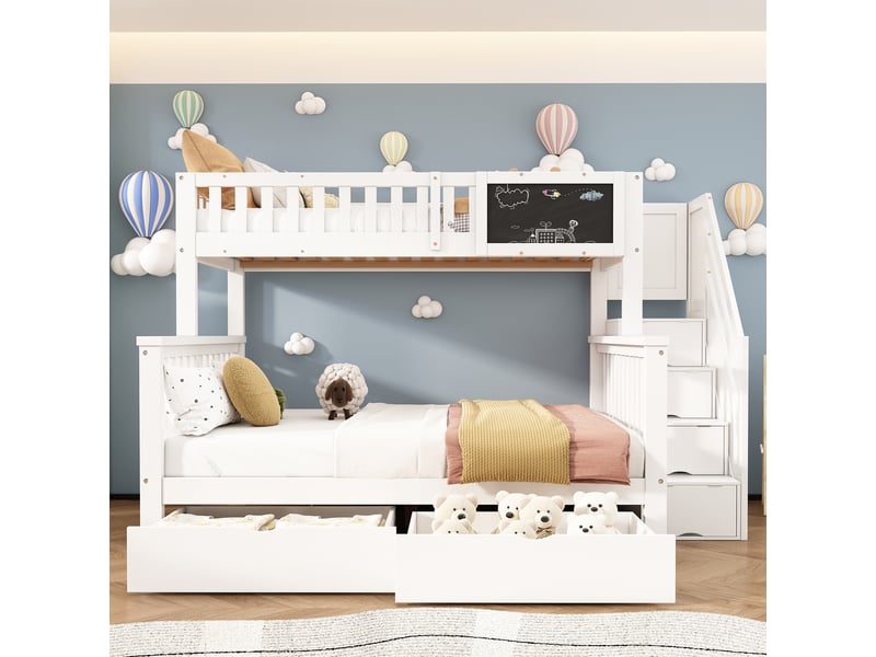  Lit superposé enfant double multifonction avec tableau et tiroirs bois massif blanc 90x200 et 140x200  - Conforama B