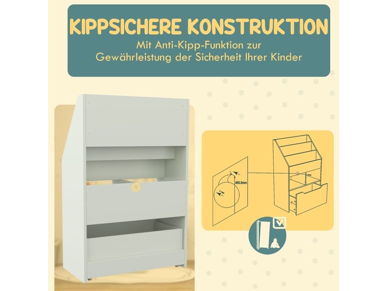  Bibliothèque enfant 60 x 29,9 x 90 cm vert clair en mdf, 3 niveaux, 2 niches et tiroir sur roulettes  - Conforama B